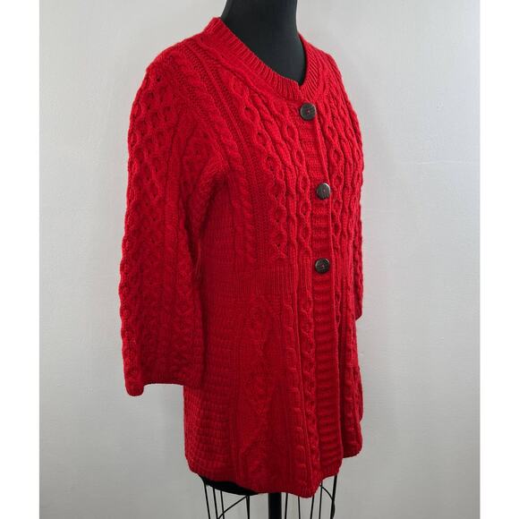 Kilronan Knitwear Red Ireland New Wool Cable Knit 3/4 Sleeve Cardigan Sweater L - Picture 3 of 7